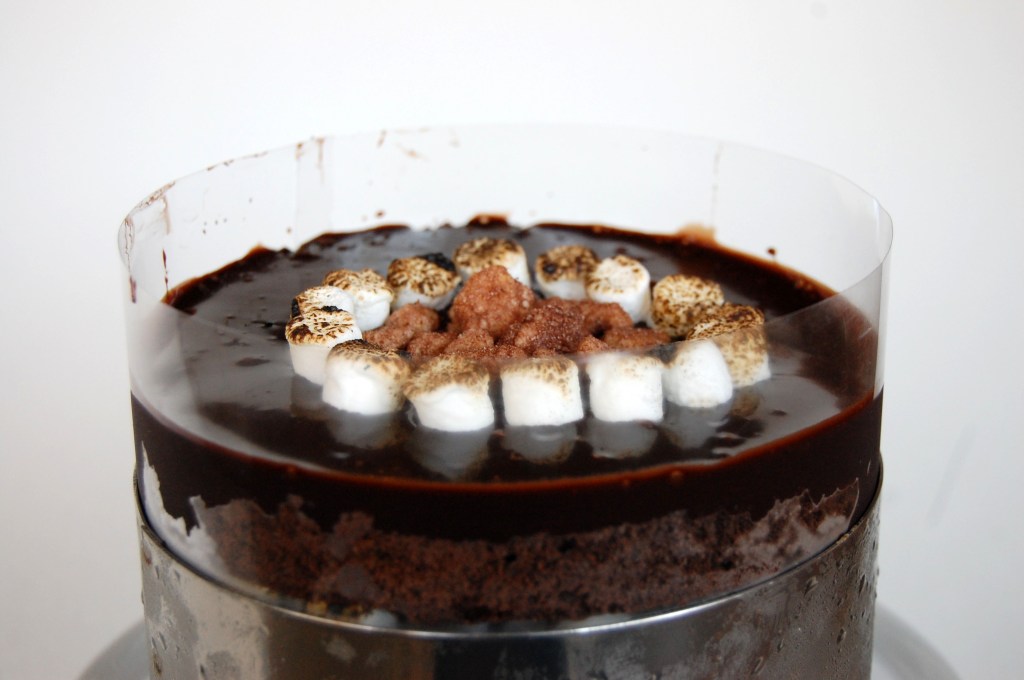 chocolate malt cake with malt fudge and charred marshmallows