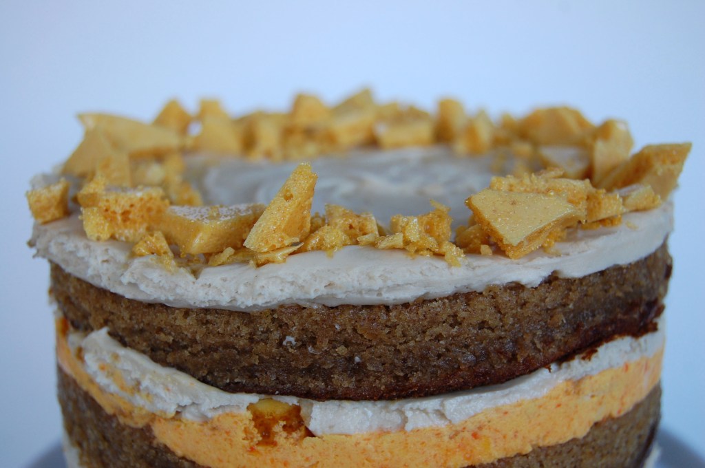 brown sugar honey cake with carrot ganache and crushed&nbsp;honeycomb